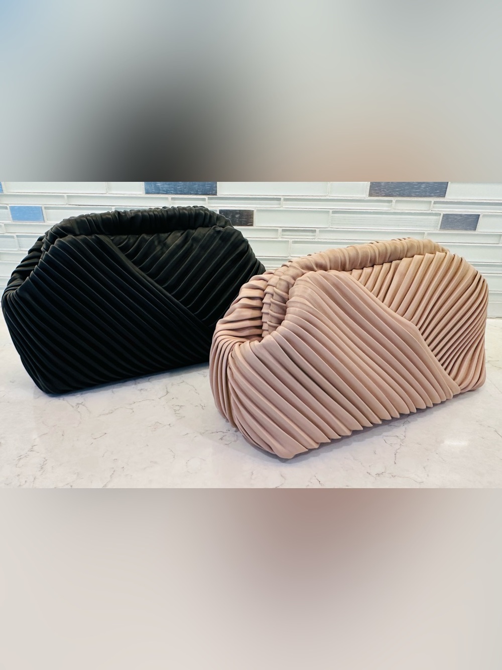 Like New Bundle of 2 Pleated Cloud Clutches - Black and Tan - faux leather